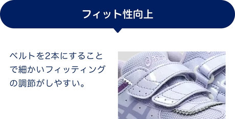 フィット性向上 ベルトを2本にすることで細かいフィッティングの調節がしやすい。