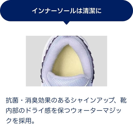 インナーソールは清潔に 抗菌・消臭効果のあるシャインアップ、靴内部のドライ感を保つウォーターマジックを採用。