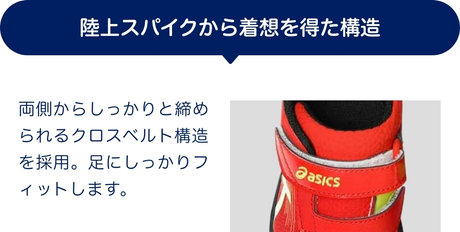 陸上スパイクから着想を得た構造 両側からしっかりと締められるクロスベルト構造を採用。足にしっかりフィットします。